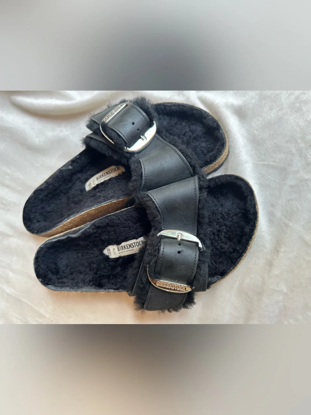 Birkenstock - Black Furry Slide Sandals with Silver Buckle